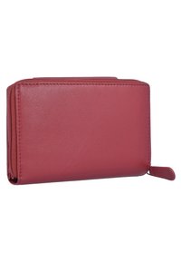 Portafoglio rosso in pelle con una texture liscia, chiusura a zip e una forma rettangolare compatta. Presenta una piccola linguetta di apertura sul lato.