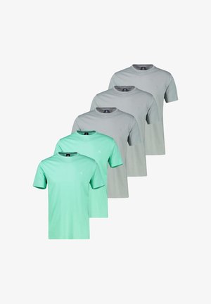 Fünf schlichte T-Shirts mit Rundhalsausschnitt und kurzen Ärmeln, zwei in Minzgrün vorne und drei in Hellgrau dahinter, in einer versetzten Reihe angeordnet.