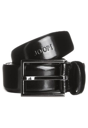 Ceinture en cuir verni noir avec une finition brillante, arborant une boucle métallique argentée et le logo "JOOP!" en relief sur la sangle.