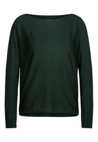 Maglione a maglia verde scuro con scollo ampio, maniche lunghe e polsini a coste. Caratterizzato da una vestibilità morbida e un tessuto texturizzato.