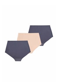 Drie paar high-waisted slipjes in donker marineblauw en nude kleuren. Gemaakt van zachte stof met subtiele textuur en stippenpatroon op de achterkant.