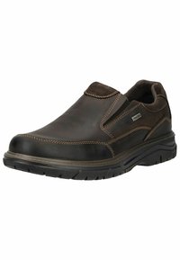 Braune Leder Slipper mit glatter Oberfläche, elastischen seitlichen Einsätzen, kontrastierenden Nähten und einer strukturierten Gummisohle.