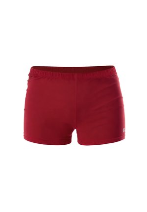 Czerwone kąpielówki z elastycznym pasem, wykonane z gładkiego materiału. Posiadają małe logo po prawej dolnej stronie.