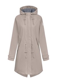 Beige waterdichte jas met een capuchon, trekkoord in de taille en gestreepte voering. Heeft raglanmouwen en zijzakken. Gladde textuur.