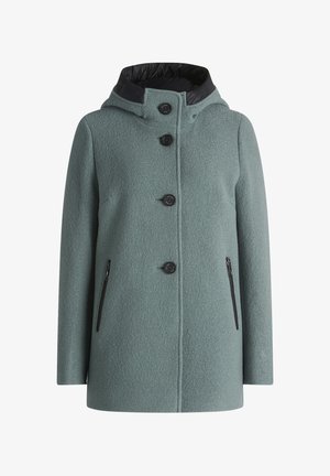 Groene, textuurrijke jas met een capuchon, voorzien van zwarte accenten, vijf knopen en twee met rits gesloten zijzakken. Casual ontwerp geschikt voor koud weer.