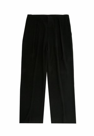 Pantalon large noir en tissu texturé, avec des plis à l'avant et une ceinture lisse. Pas de poches visibles ni d'ornements.