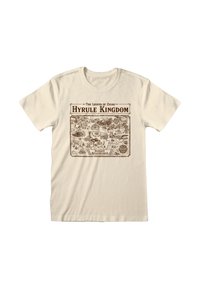 Beige bomull t-shirt med ett brunt tryckt kartmönster märkt "Hyrule Kingdom" från The Legend of Zelda, med detaljerade illustrationer och text.