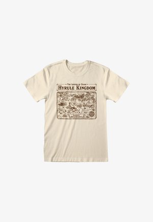 Beige katoenen t-shirt met een bruine gedrukt kaartontwerp gelabeld "Hyrule Kingdom" uit The Legend of Zelda, met gedetailleerde illustraties en tekst.