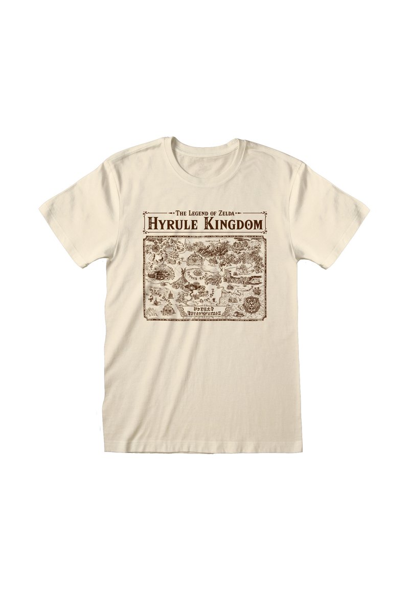Beige bomull t-shirt med ett brunt tryckt kartmönster märkt "Hyrule Kingdom" från The Legend of Zelda, med detaljerade illustrationer och text.