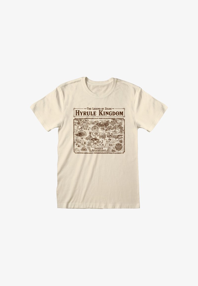 Camiseta de algodón beige con un diseño de mapa impreso en marrón etiquetado como "Reino de Hyrule" de The Legend of Zelda, con ilustraciones detalladas y texto.