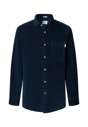 Navy corduroy button-up shirt with a collar, long sleeves, and a chest pocket; features visible buttons and a textured fabric.
