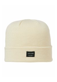 Beanie a maglia color crema con risvolto, dotato di un'etichetta con logo nera sul davanti e una texture a costine in tutto il capo.