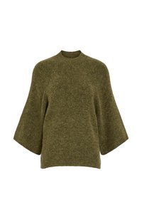 Maglione verde lavorato a maglia con collo alto, maniche ampie a campana e texture morbida. Design semplice senza motivi o dettagli metallici visibili.
