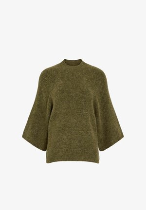 Green knitted sweater with a high neck, wide bell sleeves, and a soft texture. Simple design with no visible patterns or hardware details.