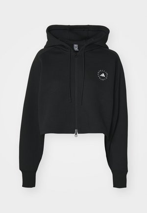 Sweatshirt cropped preta em tecido suave, com um fecho à frente e capuz com cordão. Inclui um logótipo circular no peito.