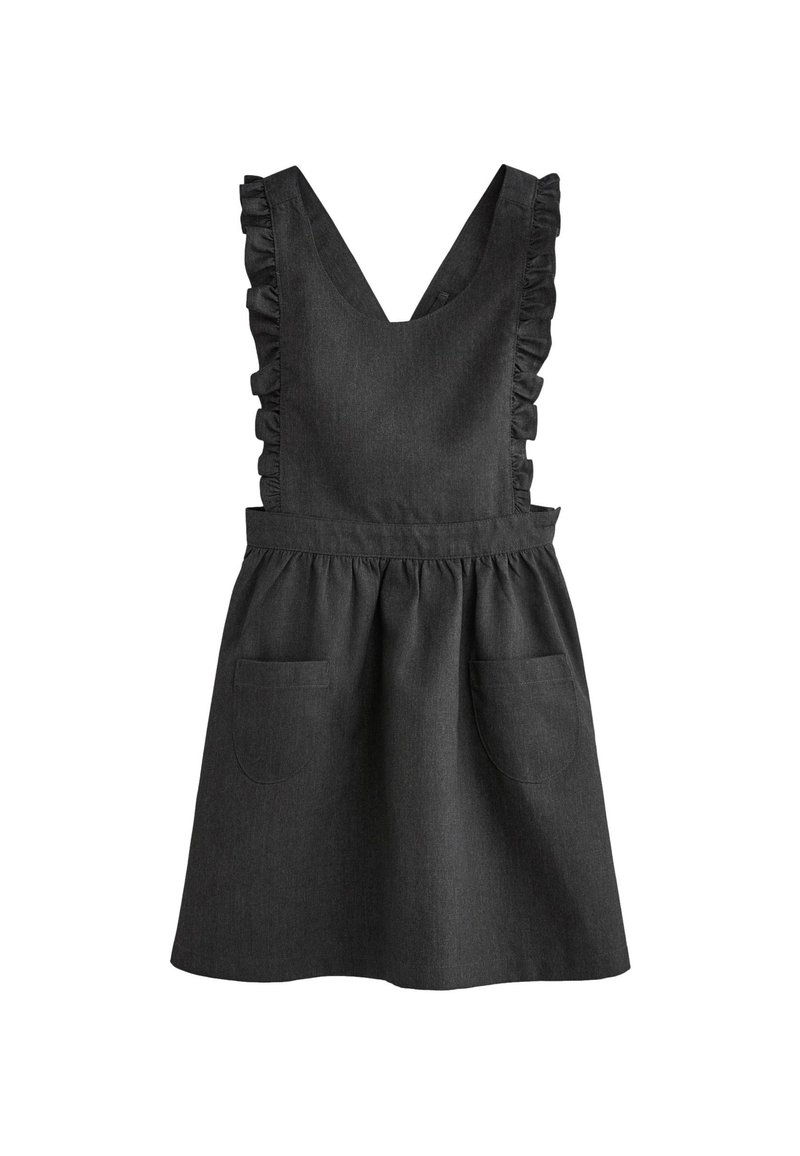 Tumehall denimkleit volangidega õlavarre rihmadega, V-kaelusega, elastse vöökoha ja kahe esisegmendiga. Pehme tekstuur, mugav disain.