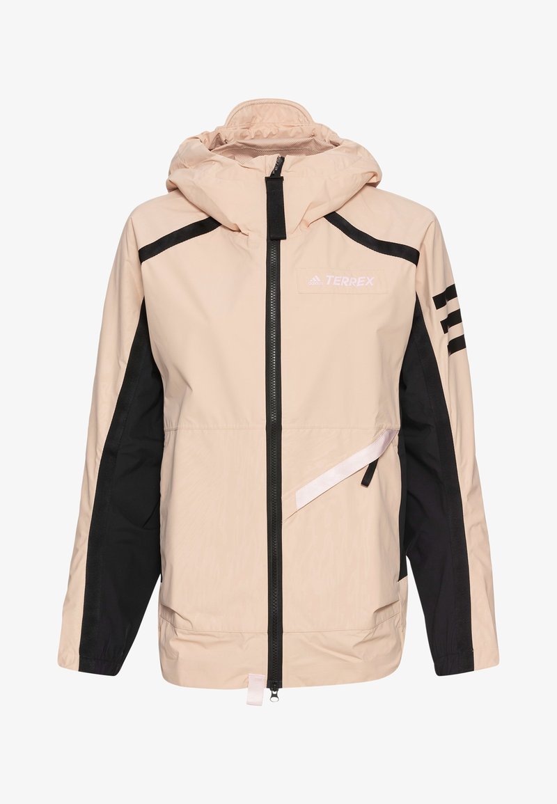 Ljusrosa jacka med svarta detaljer, vattentåligt material, hel dragkedja, justerbar huva, logotyp på bröstet och diagonala fickdetaljer.