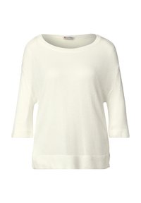 Maglione bianco lavorato a maglia con scollo ampio, maniche 3/4, texture a costine e orlo dritto. Etichetta visibile sul collo.