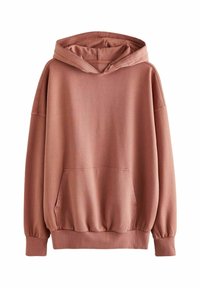 Sweat à capuche de couleur rose pâle, confectionné dans un tissu doux, avec une poche kangourou à l'avant et des poignets et ourlet côtelés.