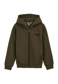 Maslinasto zeleni zip-up dukserica s prednjim logotipom, podesivim kapuljačom, rebrastim manžetama i bočnim džepovima koji imaju umetke od teksturirane mreže.