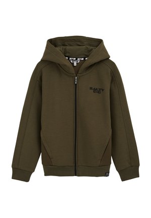 Olijfgroene zip-up hoodie met een logo aan de voorkant, verstelbare capuchon, ribgebreide manchetten en zijzakken met een gewatteerde mesh-inzet.