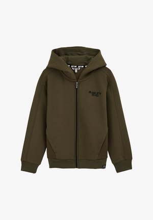 Maslinasto zeleni zip-up dukserica s prednjim logotipom, podesivim kapuljačom, rebrastim manžetama i bočnim džepovima koji imaju umetke od teksturirane mreže.