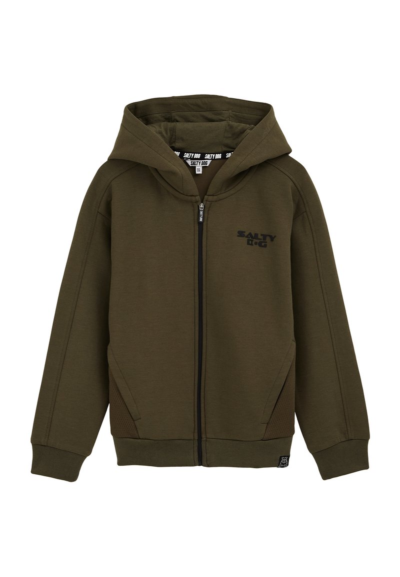 Maslinasto zeleni zip-up dukserica s prednjim logotipom, podesivim kapuljačom, rebrastim manžetama i bočnim džepovima koji imaju umetke od teksturirane mreže.