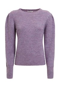 Paarse gebreide trui met een ronde hals, lange mouwen en geribbelde zoom. Voorzien van subtiele textuur en pofschouderdetails.