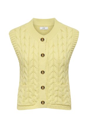 Ärmellose hellgelbe Zopfmuster-Strickjacke mit fünf braunen Knöpfen und zwei aufgesetzten Taschen vorne.