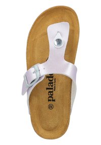Sandal in pelle rosa chiaro con anello per le dita, fibbia in metallo e soletta in sughero; presenta una superficie liscia e una forma arrotondata.