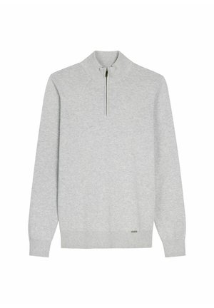 Jasnoszary sweter z długim rękawem, wykonany z dzianiny, z krótkim przednim zamkiem i ściągaczami na mankietach oraz u dołu, pokazany na białym tle.