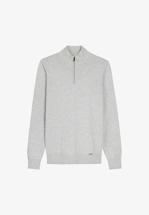 Jasnoszary sweter z długim rękawem, wykonany z dzianiny, z krótkim przednim zamkiem i ściągaczami na mankietach oraz u dołu, pokazany na białym tle.