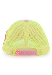 Καπέλο από δίχτυ νέον κίτρινο με ροζ κούμπωμα snapback, με λευκή πάνω επιφάνεια και στρογγυλή  ροζ διακόσμηση στο πίσω μέρος.