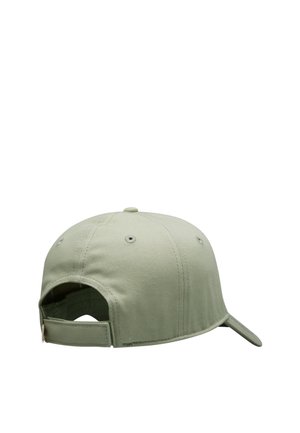 Olive green baseball cap made of cotton, featuring a curved brim, adjustable strap at the back, and stitching details.