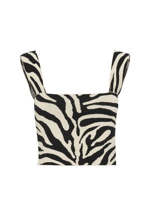 Zebra-gestreiftes Top mit dicken Trägern. Hergestellt aus einem strukturierten Stoff in Schwarz und Creme, mit wellenförmigen Streifen für ein auffälliges Design.