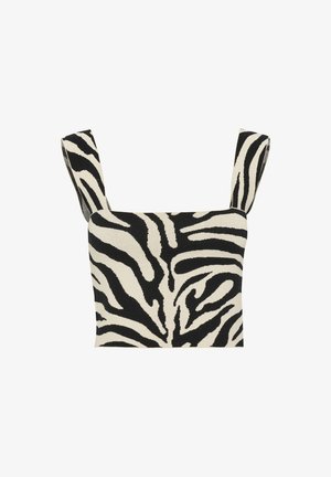 Zebra raksta tops ar biezām siksnām. Izgatavots no teksturēta auduma melnā un krēmkrāsā, ar viļņainām svītrām, kas veido drosmīgu dizainu.