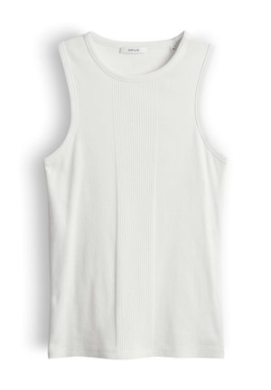 Weißes ärmelloses, geripptes Tanktop mit Rundhalsausschnitt, Größe 36, mit vertikalen strukturierten Streifen in der Mitte.
