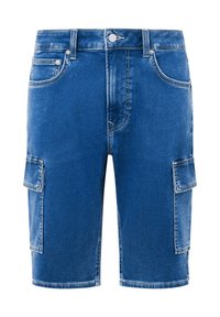 Bermudas de mezclilla azules con un largo hasta medio muslo, que cuentan con bolsillos laterales, trabillas para cinturón y un cierre de botón. Acabado liso y texturizado.