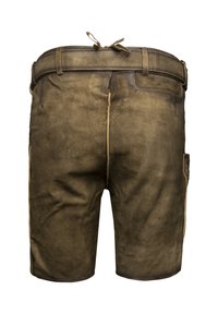 Pantaloni corti in pelle marrone con una consistenza liscia, una vita con lacci e tasche laterali. La vista posteriore mette in mostra i dettagli della cucitura.