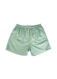 Costumi da bagno stampati in verde chiaro con un tessuto testurizzato, dotati di vita con cordino e piccoli disegni circolari su tutta la superficie.