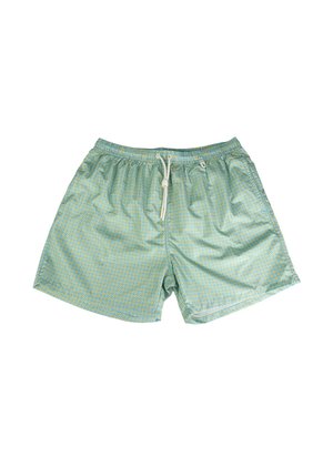 Costumi da bagno stampati in verde chiaro con un tessuto testurizzato, dotati di vita con cordino e piccoli disegni circolari su tutta la superficie.