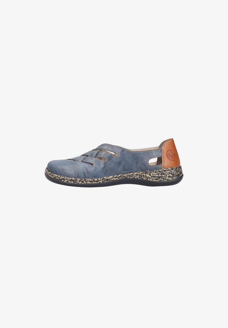 Blue leather slip-on shoe with woven detailing, tan accent at the heel, and a textured black sole. Features perforations for breathability.