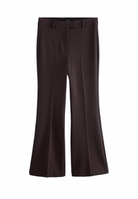 Sötétbarna, sima anyagból készült, bővülő nadrág. Elöl cipzárral, övhurkokkal és függőleges varrásokkal ellátott, testhezálló fazon.