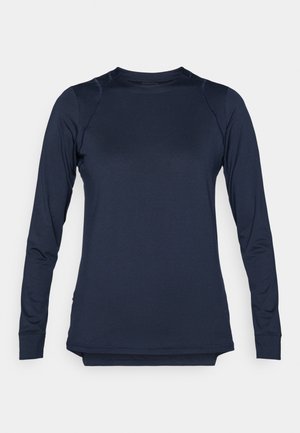 Dugih rukava tamnoplava majica od glatkog, rastezljivog materijala s okruglim izrezom i raglan rukavima, s minimalističkim dizajnom i bez uzoraka.
