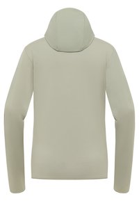 Kapuzenshirt aus leicht grünem Stoff, mit langen Ärmeln und einem schlanken Design. Glatte Textur ohne sichtbare Hardware oder Muster.