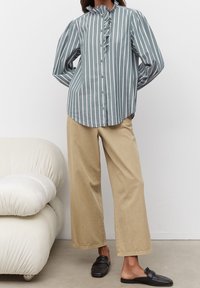 Camicia a righe verde chiaro con colletto arricciato, bottoni davanti, abbinata a pantaloni beige a gamba larga e scarpe nere slip-on.
