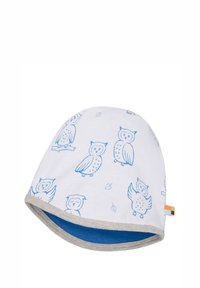 Berretto di cotone con un'esterno bianco decorato da motivi di gufi blu, bordo grigio e un morbido fodera interna blu. Include un'etichetta colorata.