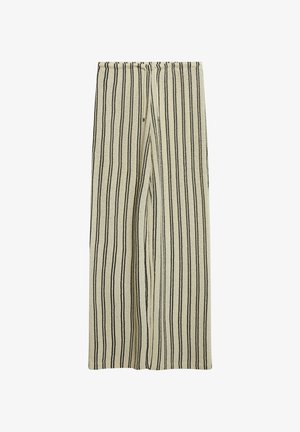 Beżowe spodnie z szerokimi nogawkami, czarne pionowe paski i elastyczny pas z wiązaniem z przodu.