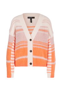 Gestreifter Strickcardigan mit V-Ausschnitt in Orange und Pink, fünf dunklen Knöpfen sowie gerippten Bündchen und Saum. Weicher, strukturierter Stoff.