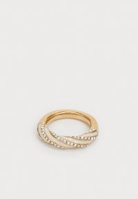 Gold-tone ring featuring a twisted design with inset clear stones along the bands, smooth texture, and engraved branding on the inner band.